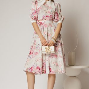Rochie DY Fashion midi imprimeu floral roz cu guler ascutit si maneci bufante