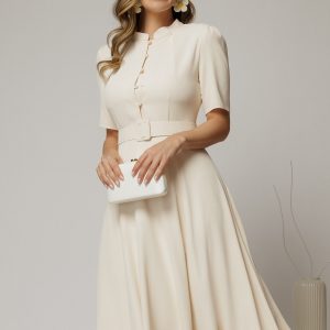 Rochie DY Fashion midi ivoar in clos din triplu voal cu nasturi la bust si curea in talie