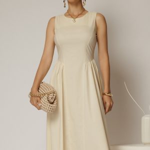Rochie DY Fashion midi ivoar unt din bumbac cu cret pe solduri