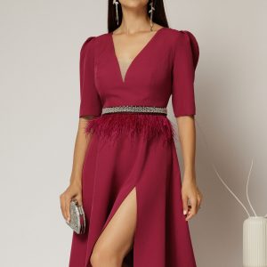Rochie DY Fashion midi magenta cu cordon cu pene si perle in talie
