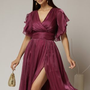 Rochie DY Fashion midi mov pruna cu manecile suprapuse si decolteu petrecut