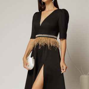 Rochie DY Fashion midi neagra cu cordon cu pene si perle in talie