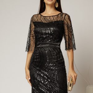 Rochie DY Fashion midi neagra din paiete si margele elegante