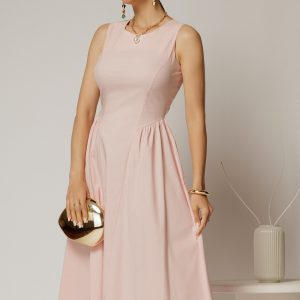 Rochie DY Fashion midi roz din bumbac cu cret pe solduri