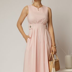 Rochie DY Fashion midi roz din bumbac cu nasturi si cusaturi pe talie
