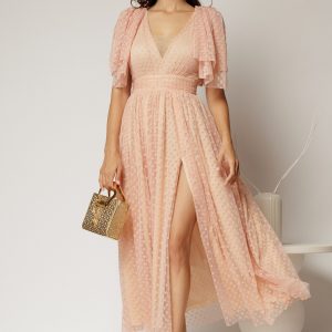 Rochie DY Fashion midi roz din tull cu buline si funde ample pe umeri
