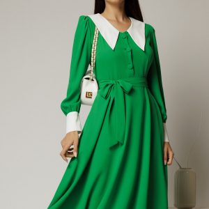 Rochie DY Fashion midi verde cu guler si mansete in contrast
