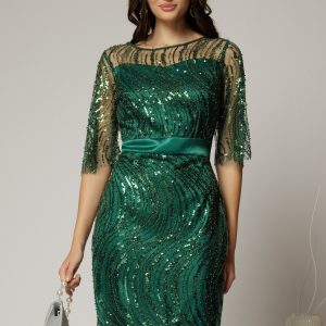 Rochie DY Fashion midi verde din paiete si margele elegante