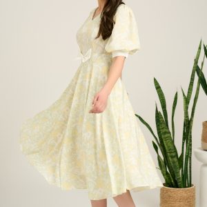 Rochie DY Fashion midi verde din voal in clos cu print bej si funda in talie