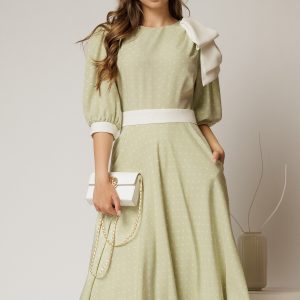 Rochie DY Fashion midi verde fistic cu buline si funda ampla pe umar