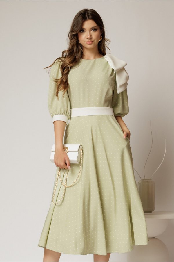 Rochie DY Fashion midi verde fistic cu buline si funda ampla pe umar