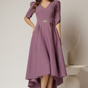 Rochie DY Fashion mov asimetrica cu maneci lalea si aplicatie pe talie