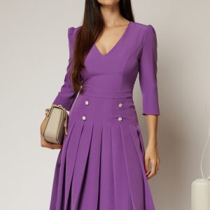 Rochie DY Fashion mov cu decolteu adanc si fusta plisata