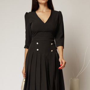 Rochie DY Fashion neagra cu decolteu adanc si fusta plisata