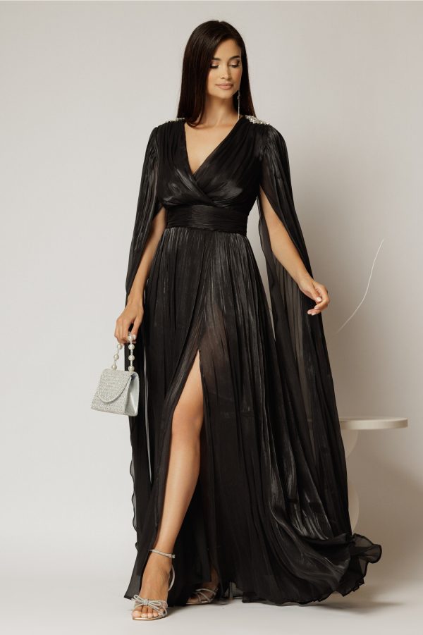 Rochie DY Fashion neagra de ocazie din voal peliculizat cu aplicatii pe umeri