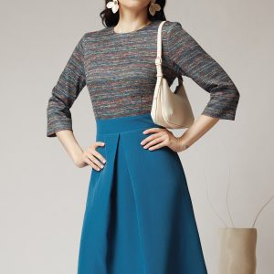 Rochie DY Fashion office cu fusta din stofa turcoaz si bust din jerse cu imprimeu