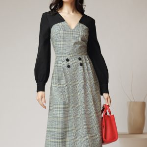 Rochie DY Fashion office din stofa alba cu imprimeu pepit si maneci negre