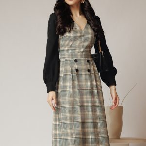 Rochie DY Fashion office din stofa cu carouri bej si maneci negre