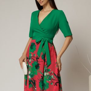 Rochie DY Fashion office din stofa si voal verde cu imprimeu pe fusta