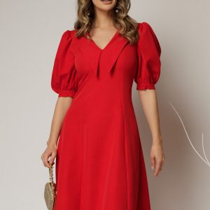 Rochie DY Fashion rosie in clini cu guler ascutit si maneci scurte bufante