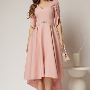 Rochie DY Fashion roz asimetrica cu maneci lalea si aplicatie pe talie