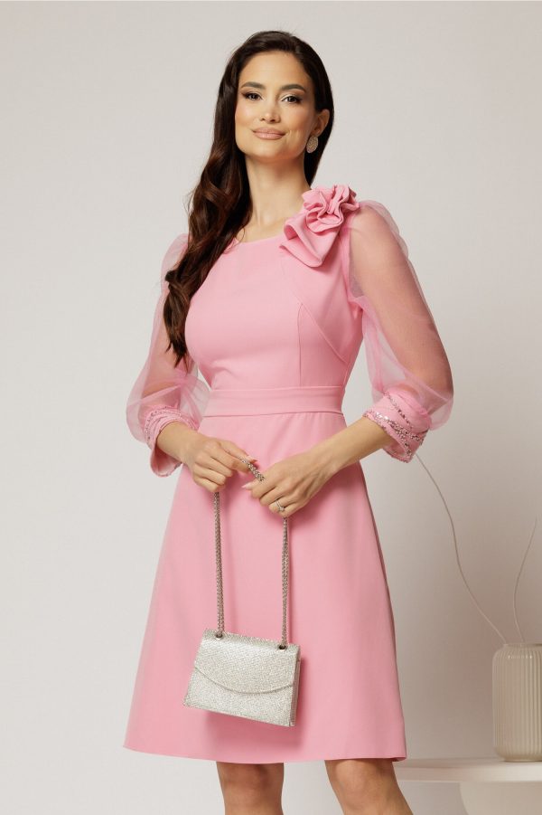 Rochie DY Fashion roz cu maneci din organza si detaliu floral