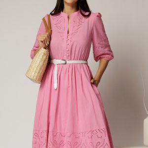 Rochie DY Fashion roz din bumbac cu insertii perforate si curea in talie