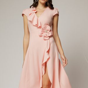 Rochie DY Fashion roz midi cu volanas pe fusta si detaliu amplu foral