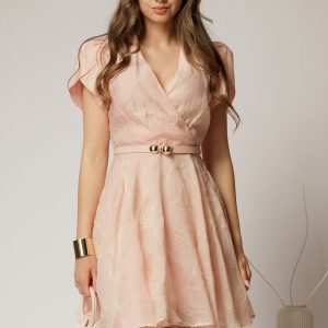 Rochie DY Fashion roz scurta cu broderii florale si decolteu petrecut