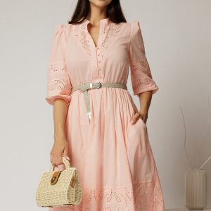 Rochie DY Fashion roz somon din bumbac cu insertii perforate si curea in talie