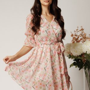 Rochie DY Fashion scurta alba din voal cu flori roz si cordon in talie