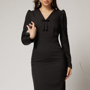 Rochie DY Fashion scurta neagra office conica cu decolteu in V si funda