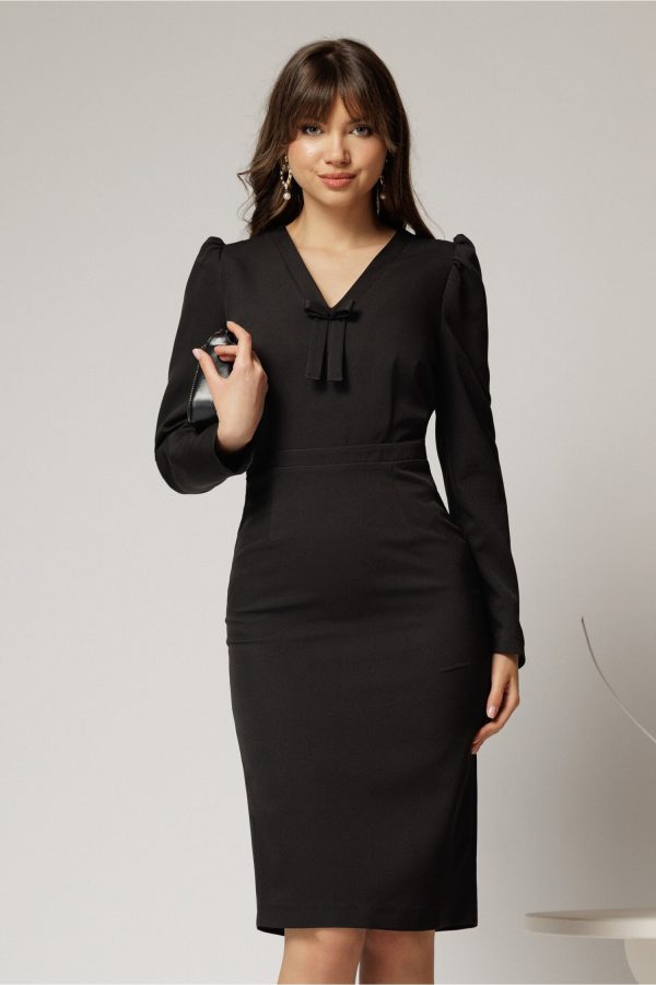 Rochie DY Fashion scurta neagra office conica cu decolteu in V si funda