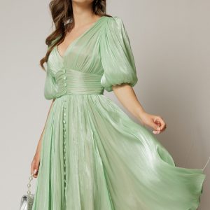 Rochie DY Fashion verde fistic cu decolteu adanc si nasturi din voal peliculizat