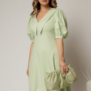 Rochie DY Fashion verde fistic in clini cu guler ascutit si maneci scurte bufante