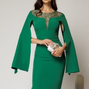 Rochie DY Fashion verde midi cu manecile lungi crapate si aplicatii la bust
