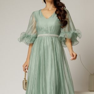 Rochie DY Fashion verde mint din voal creponat cu volanase si decolteu in V