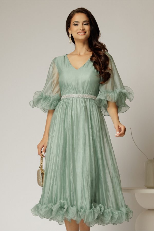 Rochie DY Fashion verde mint din voal creponat cu volanase si decolteu in V