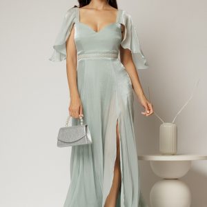 Rochie DY Fashion verde mint lunga de seara cu aplicatii de perle pe talie