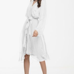Rochie eleganta din matase si vascoza, petrecuta, cu maneci vaporoase si croiala asimetrica, alba