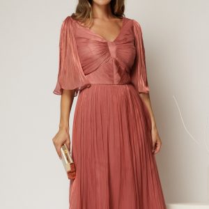 Rochie eleganta roz midi din voal peliculizat cu maneci ample