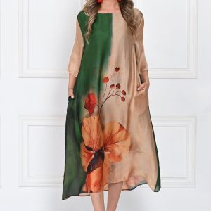 Rochie eleganta satinata A-line cu imprimeu floral artistic si croi lejer fluid, verde-bej-caramel