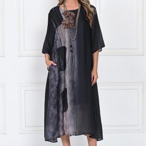 Rochie eleganta satinata A-line cu imprimeu abstract si croi lejer fluid, negru-gri