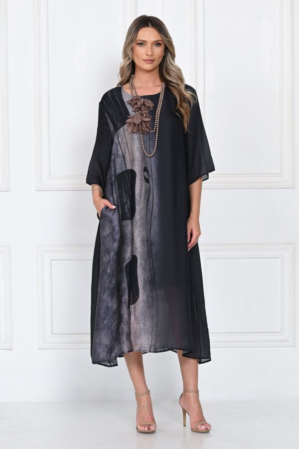 Rochie eleganta satinata A-line cu imprimeu abstract si croi lejer fluid, negru-gri