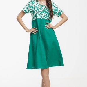 Rochie Eva A line, din in mercerizat si vascoza, verde cu platca imprimata