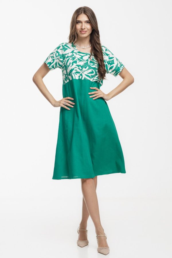 Rochie Eva A line, din in mercerizat si vascoza, verde cu platca imprimata