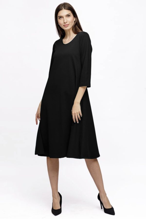 Rochie Eva midi neagra A line din tricot de vascoza si decolteu rotund