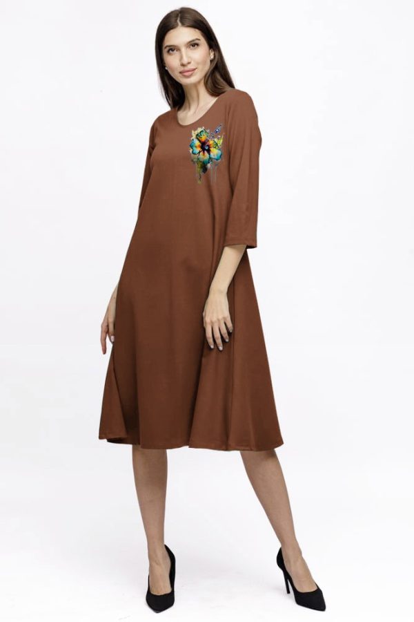 Rochie Eva midi maro ciocolata A line din tricot de vascoza si decolteu rotund, imprimeu floare la p