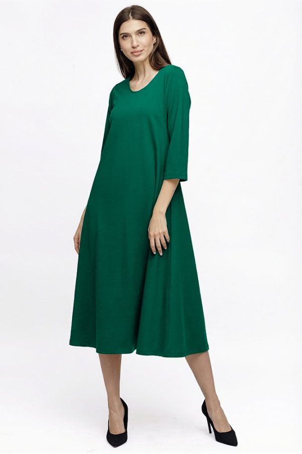 Rochie Eva verde A line din tricot de vascoza si decolteu rotund
