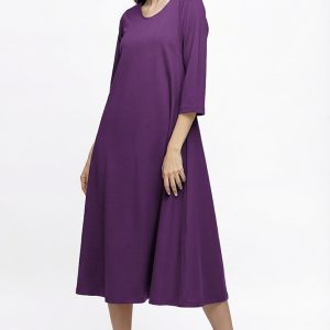 Rochie Eva mov inchis A line din tricot de vascoza si decolteu rotund